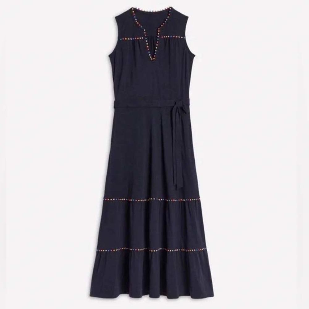 Boden Tara Tiered Midi Dress US 8 Pom Trim 100% Cotton Navy Blue - Picture 2 of 15